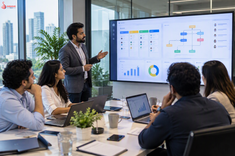 Business team working on a customized Bitrix24 CRM dashboard to improve workflow and productivity