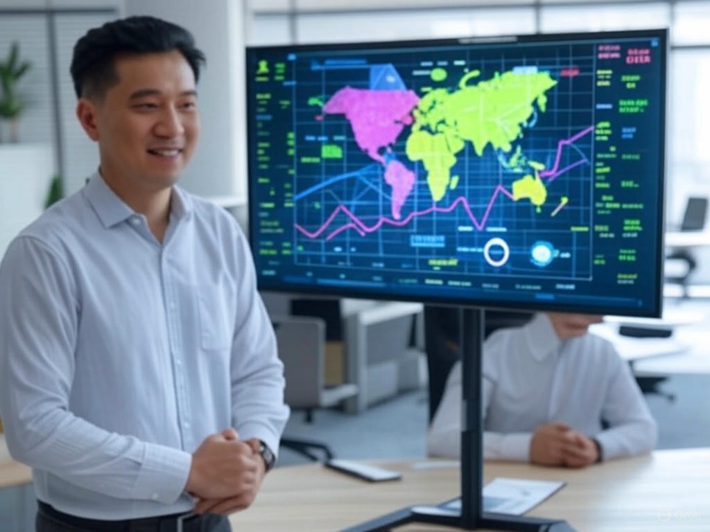 Professional presenting global SEO growth with a world map and rising charts, showcasing how our SEO services grow your business."