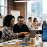 Small business team using Bitrix24 CRM on a laptop to manage customers, tasks, and reports