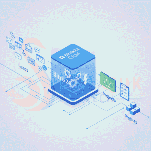 Digital workflow diagram showing the Bitrix24 CRM hub as the engine that transforms sales leads into successfully delivered projects.