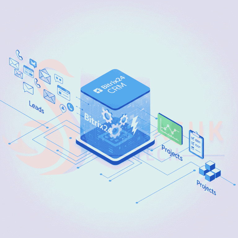 Digital workflow diagram showing the Bitrix24 CRM hub as the engine that transforms sales leads into successfully delivered projects.