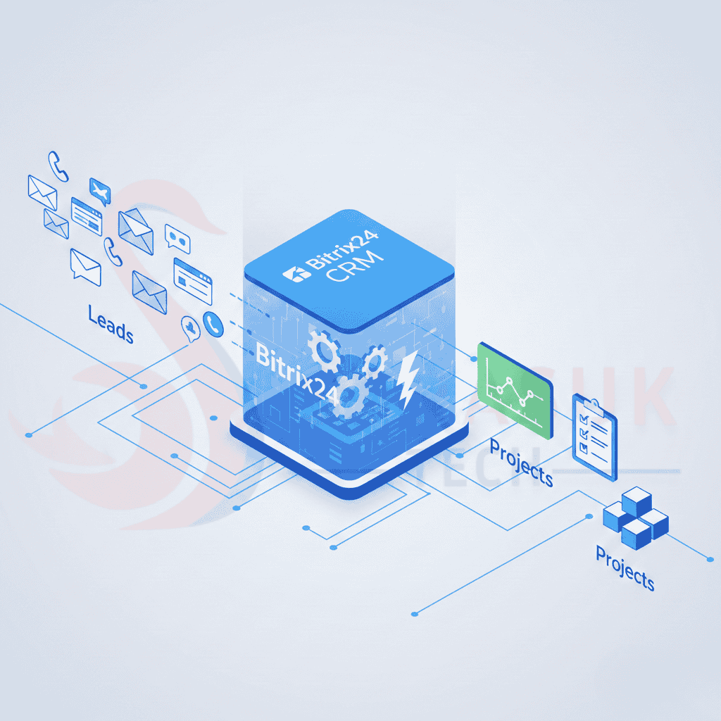 Digital workflow diagram showing the Bitrix24 CRM hub as the engine that transforms sales leads into successfully delivered projects.