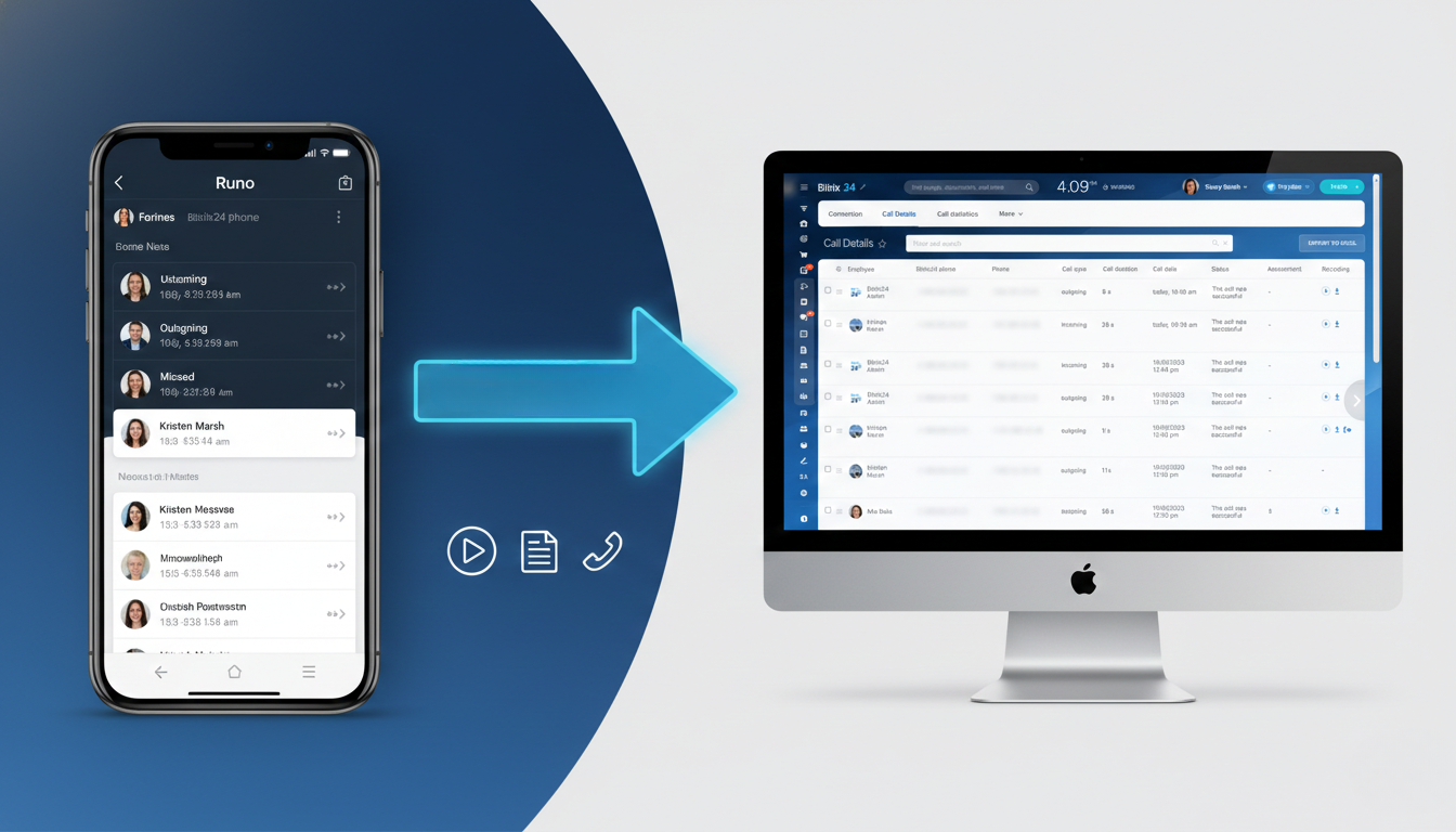 Runo integration with Bitrix24 showing mobile call logs syncing to Bitrix24 CRM desktop interface with attached call recordings.