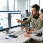 Sales rep on an Android phone with call logs and recordings syncing into a Bitrix24 CRM on a laptop