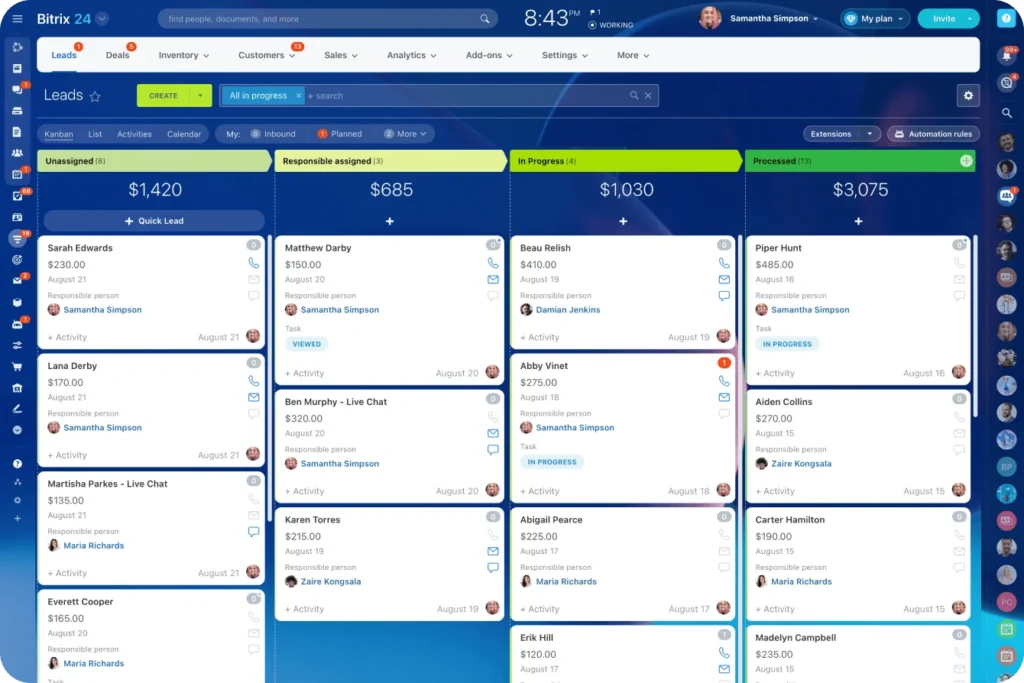 lead management system dashboard showing customer cards, tracking, and sales pipeline process